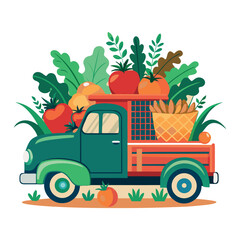 Cartoon vector illustration set of agriculture trucks and a tractor in the field for transportation and cargo delivery with a green eco design