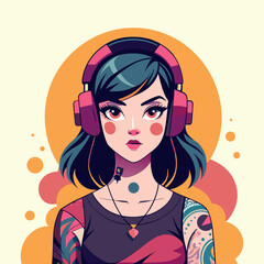 Young Woman with Headphones and Tattoos Listening to Music