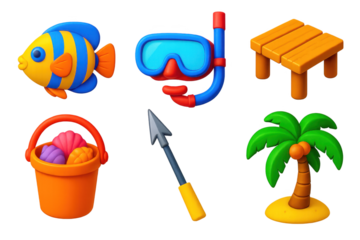 Set of beach-themed icons, including a fish, a bucket, a surfboard, a snorkel