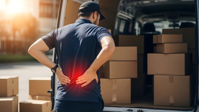 Delivery worker with lower back pain unloading packages from a van, highlighting occupational injury and physical strain - Powered by Adobe