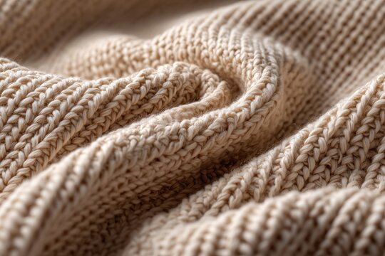 Beige wool knitted fabric close-up with soft folds and texture