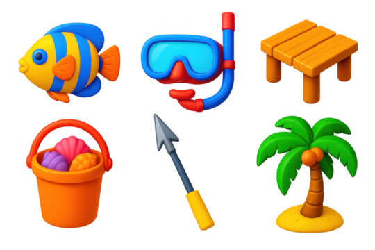 Set of beach-themed icons, including a fish, a bucket, a surfboard, a snorkel
