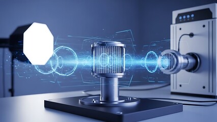 Scientific equipment projecting light beams through a technological device in a futuristic laboratory setting