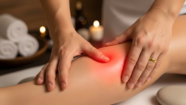Therapeutic knee massage for pain relief, highlighting inflamed joint with red glow in a spa setting - Powered by Adobe