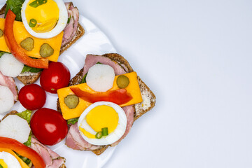 Obraz premium Healthy sandwiches made from whole wheat bread with egg, pickles, tomato, and chives arranged on a white plate. The plate with the sandwiches is placed against a white background.