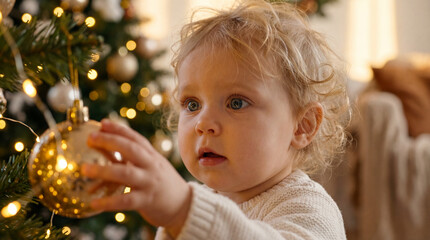 Cute baby girl touching glowing Christmas ornament with magical golden reflection in eyes
