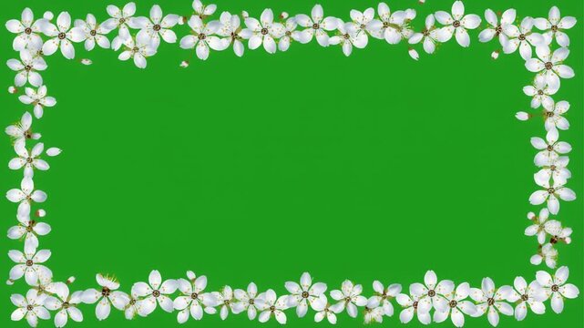 A charming decorative frame composed of delicate white spring blossoms creating a natural border on a vibrant green screen background, ideal for seasonal messages