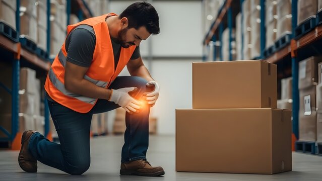 Warehouse worker with glowing knee indicating pain from injury. Workplace accident & occupational safety concept. - Powered by Adobe