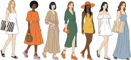 Summer fashion lineup, women’s dresses, seasonal outfits, vector illustration, CAD drawing, flat design, style variety, accessory showcase