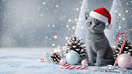 High-detail winter Christmas background with gray cat wearing Santa hat, frosted pinecones, candy canes, pastel ornaments, soft falling snow, cool blue silver palette, cozy festive copy space