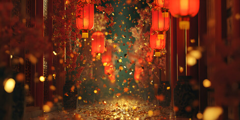 A vibrant Chinese New Year scene featuring glowing red lanterns and softly blurred confetti, set in a festive corridor bathed in warm golden light, celebrating traditional spring festival charm.