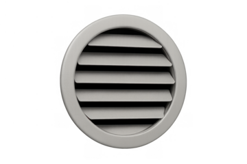 Round air vent grille with adjustable louvers, providing ventilation and air circulation on transparent background