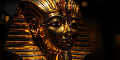 Close-up of Tutankhamun&rsquo;s golden mask in dim light, showing intricate details and gleaming gold, evoking ancient majesty.