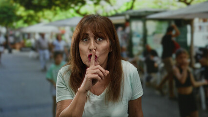 Senior hispanic woman expressing emotions on a lively city street terrace with people enjoying an...
