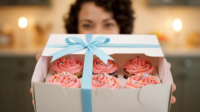 Smiling woman holds a gift box of delicious pink frosted cupcakes with sprinkles