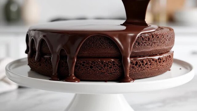 Chocolate Ganache Pouring Over Delicious Layered Cake on White Stand.