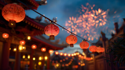 Vibrant chinese new year celebration with traditional red lanterns and fireworks illuminating a temple at dusk