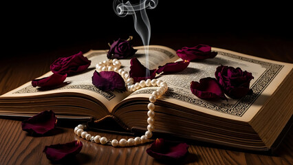 Open antique book, fallen petals, broken pearl necklace, thin smoke rising, romantic gothic aesthetic