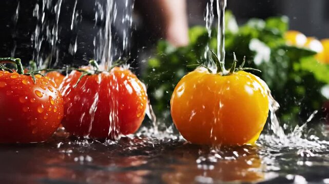 Fresh red and yellow tomatoes being washed with splashing water for healthy cooking