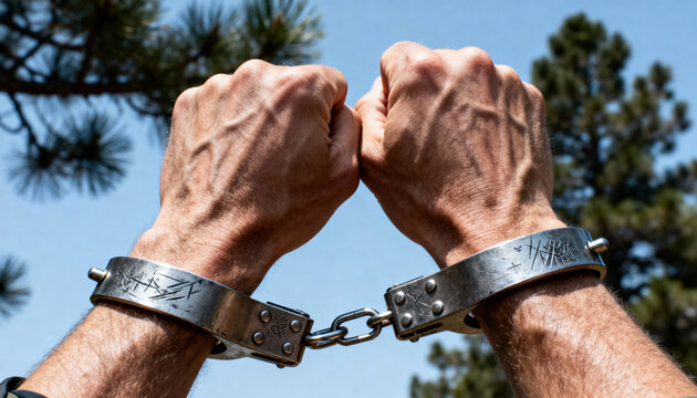 Caucasian man in metal cuffs with fists clenched against a clear blue sky. Concept of arrest, detention, or feeling of constraint and hardship. - Powered by Adobe