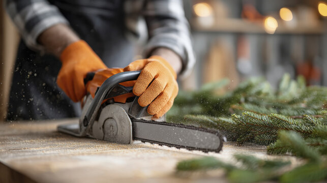 Professional lumberjack preparing tree trunk for setup with chainsaw in workshop
