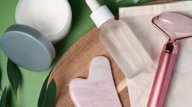 Rose quartz gua sha tool and oil bottle and face massage roller, beauty abstract photo. Top view