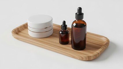 Natural skincare products arranged on a wooden tray