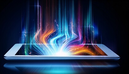 digital tablet emitting vibrant information flow