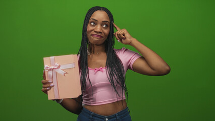 Woman holding a ribboned gift box points finger to temple in studio green screen setting with a slight smile; playful curiosity.