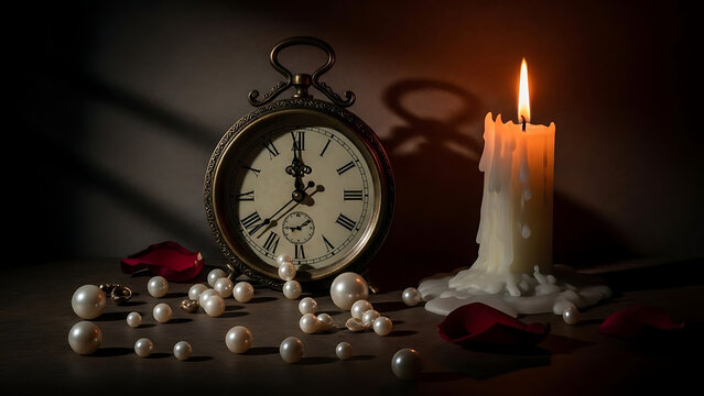 stopped clock, melted candle, dark romantic ambiance, dramatic