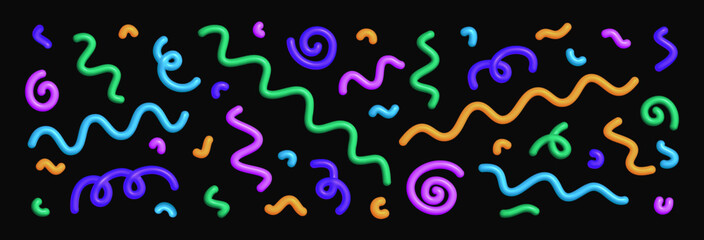 Abstract line shape pattern. 3d wave colorful elements an black background. Fun doodle kid swirl, spiral, curve. Vector illustration for birthday, carnival, childish holiday design
