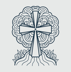 A stylized line art illustration of a cross with intricate swirling patterns resembling a tree or cloud behind it and wavy roots below, in a monochromatic design.