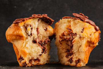 Cupcake with chocolate filling sweet dessert appetizer fresh delicious gourmet food table setting rustic food top view copy space