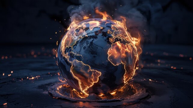 The world is completely engulfed in flames, thermal distortions are visible, realistic coals are floating, and a globe is in the center. A photo with a place for the text. - Powered by Adobe