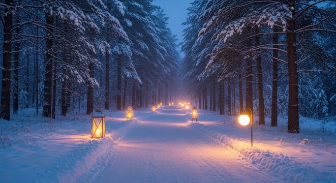 Magical winter forest path lined with glowing lanterns at dusk - Powered by Adobe