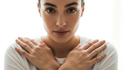 Portrait with hands gently together, calm neutral expression, soft white background