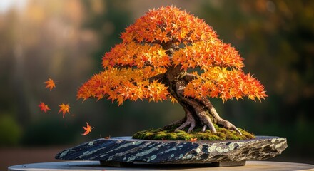 Autumn bonsai tree with falling leaves in soft light