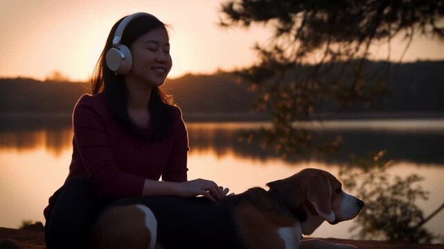 A woman in headphones sits with her dog by the lake. She looks peaceful and relaxed with a smile on her face Stock Video