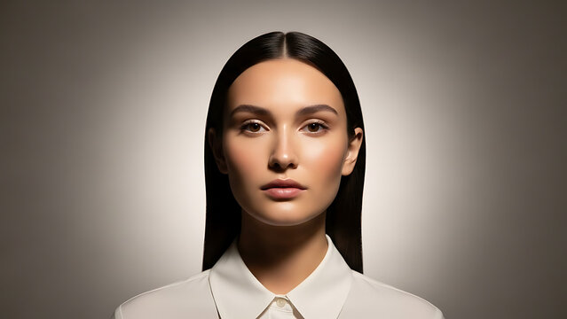 Soft backlit portrait with neutral expression, subtle glow, modern clean aesthetic