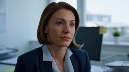 Thoughtful businesswoman in professional office attire with a serious expression, conveying intelligence and confidence. The image captures a sense of contemplation and determination Stock Video
