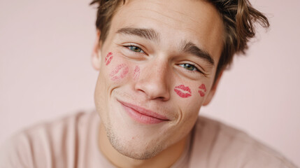 Playful expression for world kiss day with lipstick marks on cheek