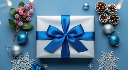 Elegant white gift box with blue ribbon and winter decorations