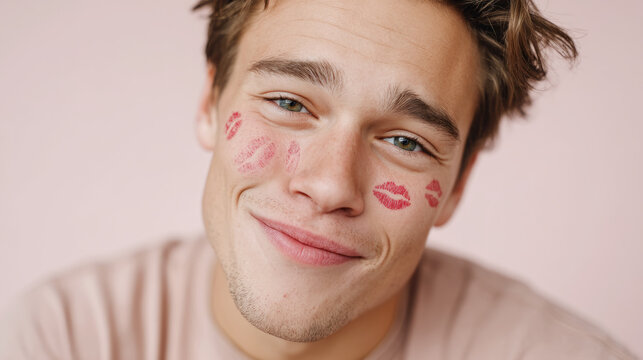 Playful expression for world kiss day with lipstick marks on cheek