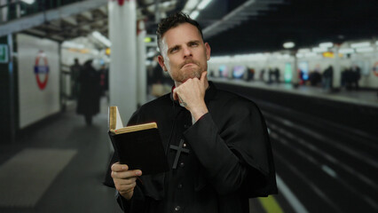 Fototapeta premium Man in black robe holding book and pondering at train station with blurred background implies a scene of contemplation.