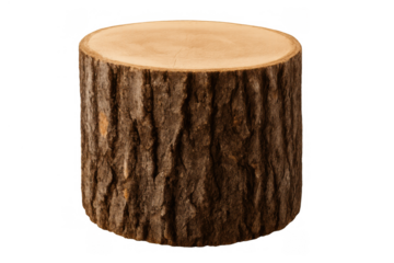 Tree stump on transparent background. Round log section with natural wood grain, bark, and growth rings. Organic element