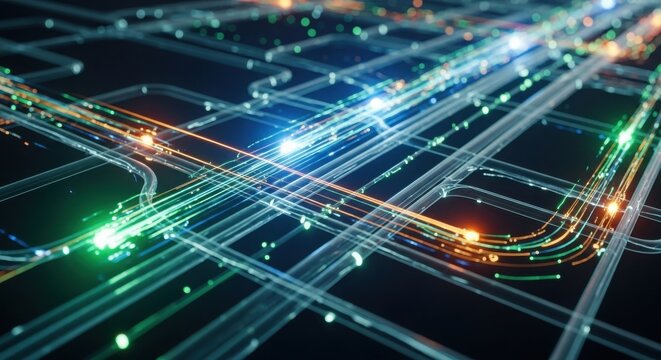 Abstract network of glowing light trails and circuits