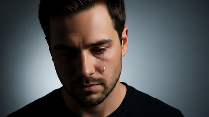 Man looking down with a gentle expression of sadness, dramatic yet commercial lighting.
