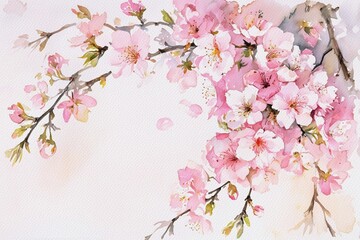 Sakura flowers on white aquarelle background
