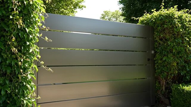 Contemporary horizontal fence, dark metal, surrounded by dense green ivy