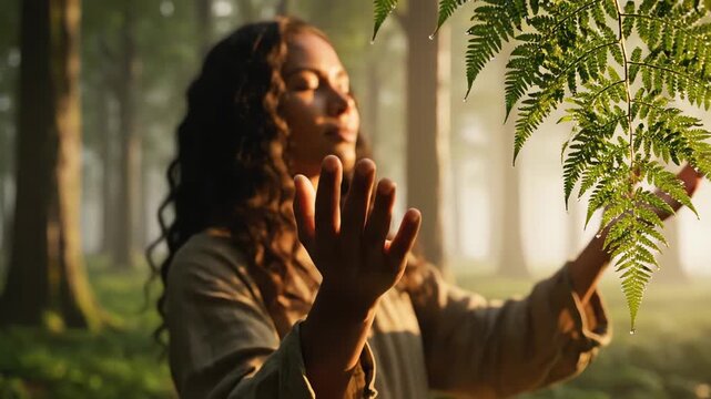Young woman meditating with closed eyes and open hands in a serene forest during sunrise for integrative medicine concept and spiritual healing